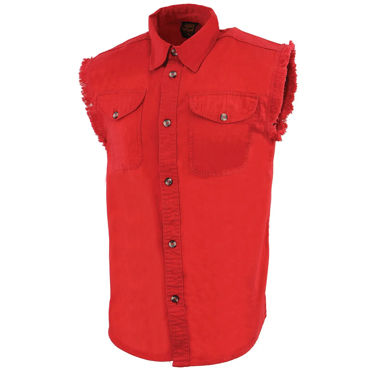 Milwaukee Leather DM4007 Men's Red Lightweight Denim Shirt with Frayed Cut Off Sleeveless