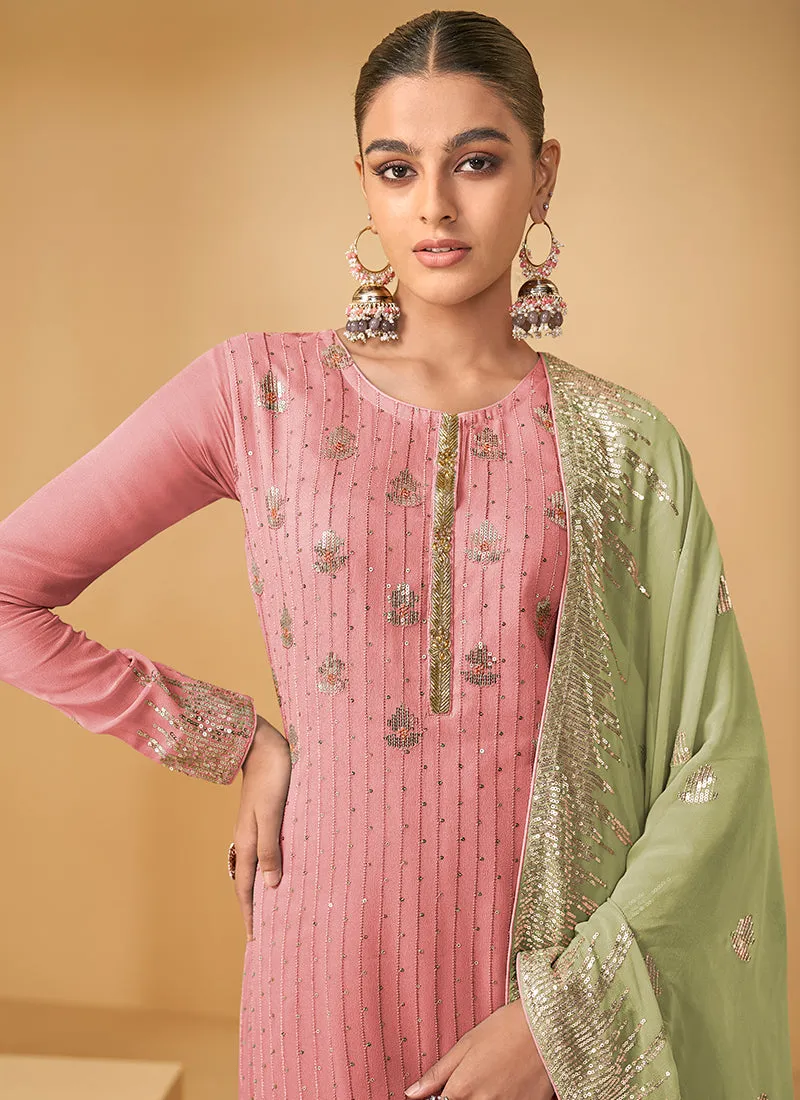 Pink And Green Sequence Embroidery Georgette Gharara Suit