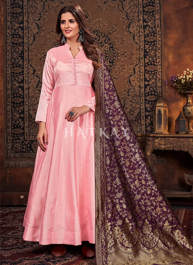 Pink And Wine Silk Embroidered Anarkali Suit