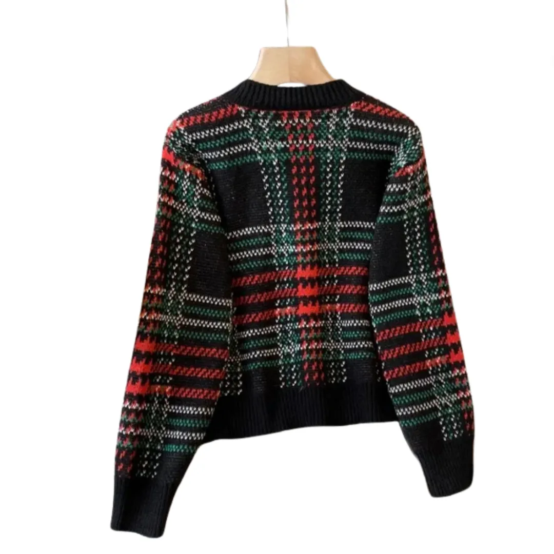 Pre Order:  Vintage Plaid Cropped Knitted Cardigan