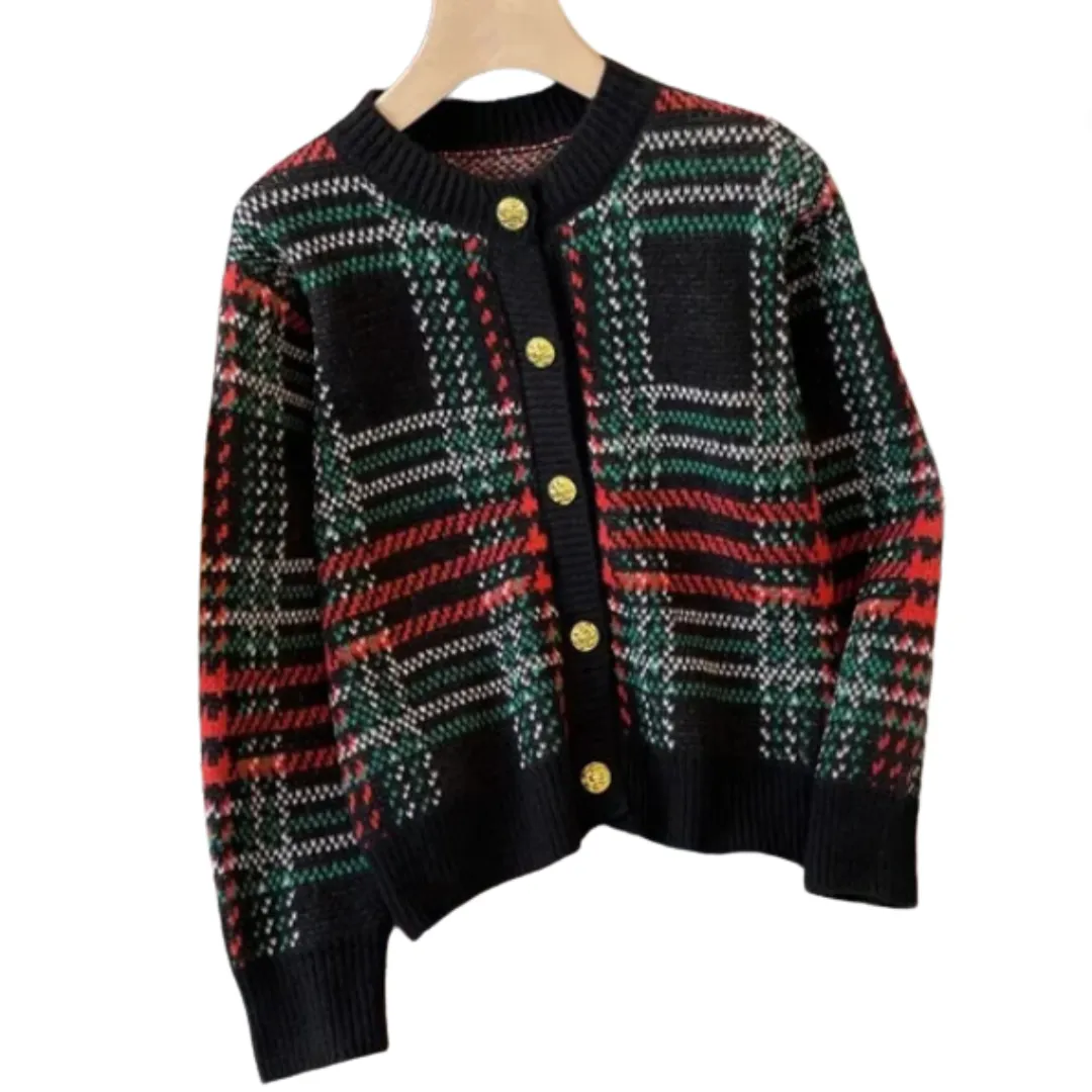 Pre Order:  Vintage Plaid Cropped Knitted Cardigan