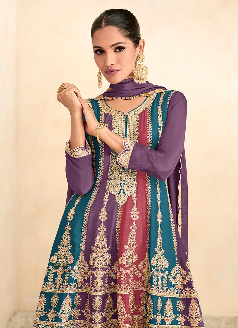 Purple Sequence Embroidery Anarkali Gharara Suit