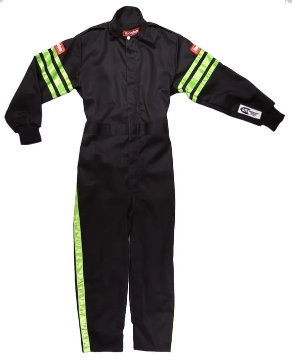 RaceQuip One Piece Single Layer Fire Suit - Black w/Green Stripes - Kids XL - 1950796