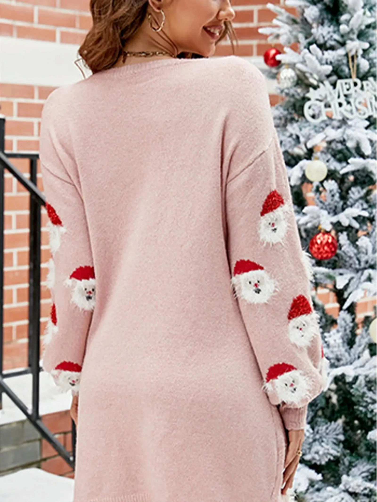 Santa Claus Long Sleeve Crew Neck Pullover Knitted Tunic Christmas Sweater Dress