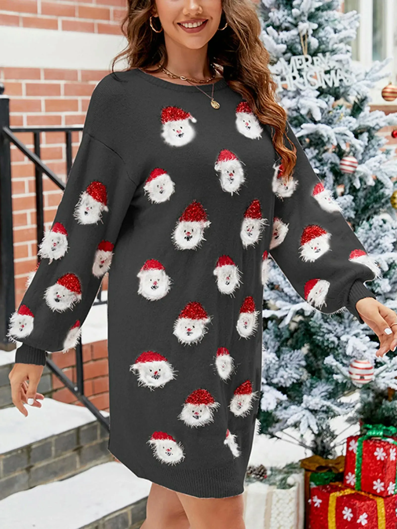 Santa Claus Long Sleeve Crew Neck Pullover Knitted Tunic Christmas Sweater Dress