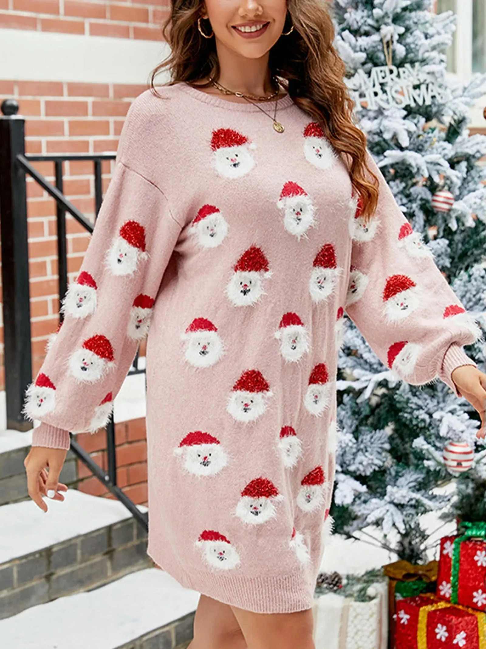 Santa Claus Long Sleeve Crew Neck Pullover Knitted Tunic Christmas Sweater Dress