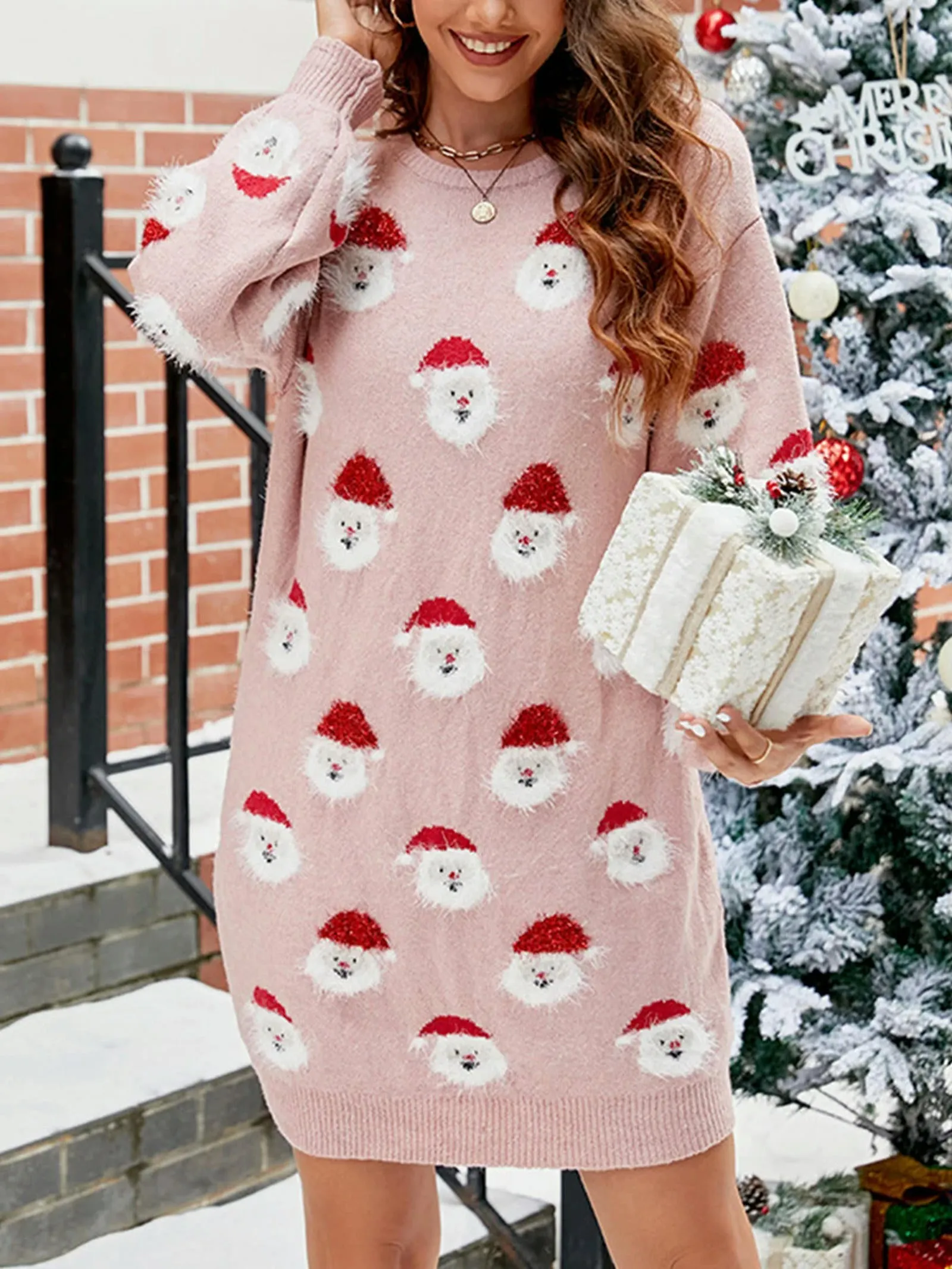 Santa Claus Long Sleeve Crew Neck Pullover Knitted Tunic Christmas Sweater Dress