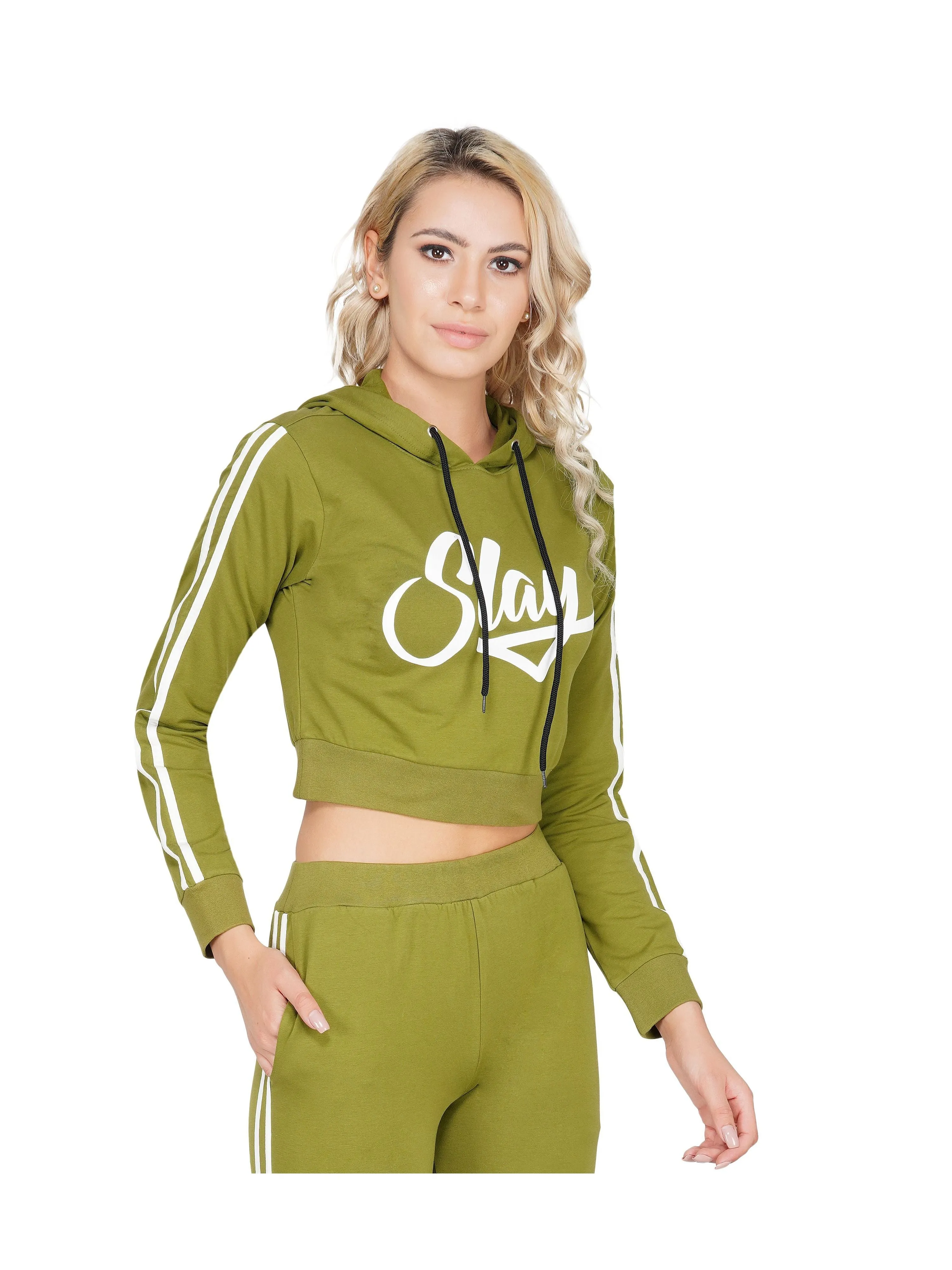 SLAY. Women's Printed Cropped Olive Green Hoodie