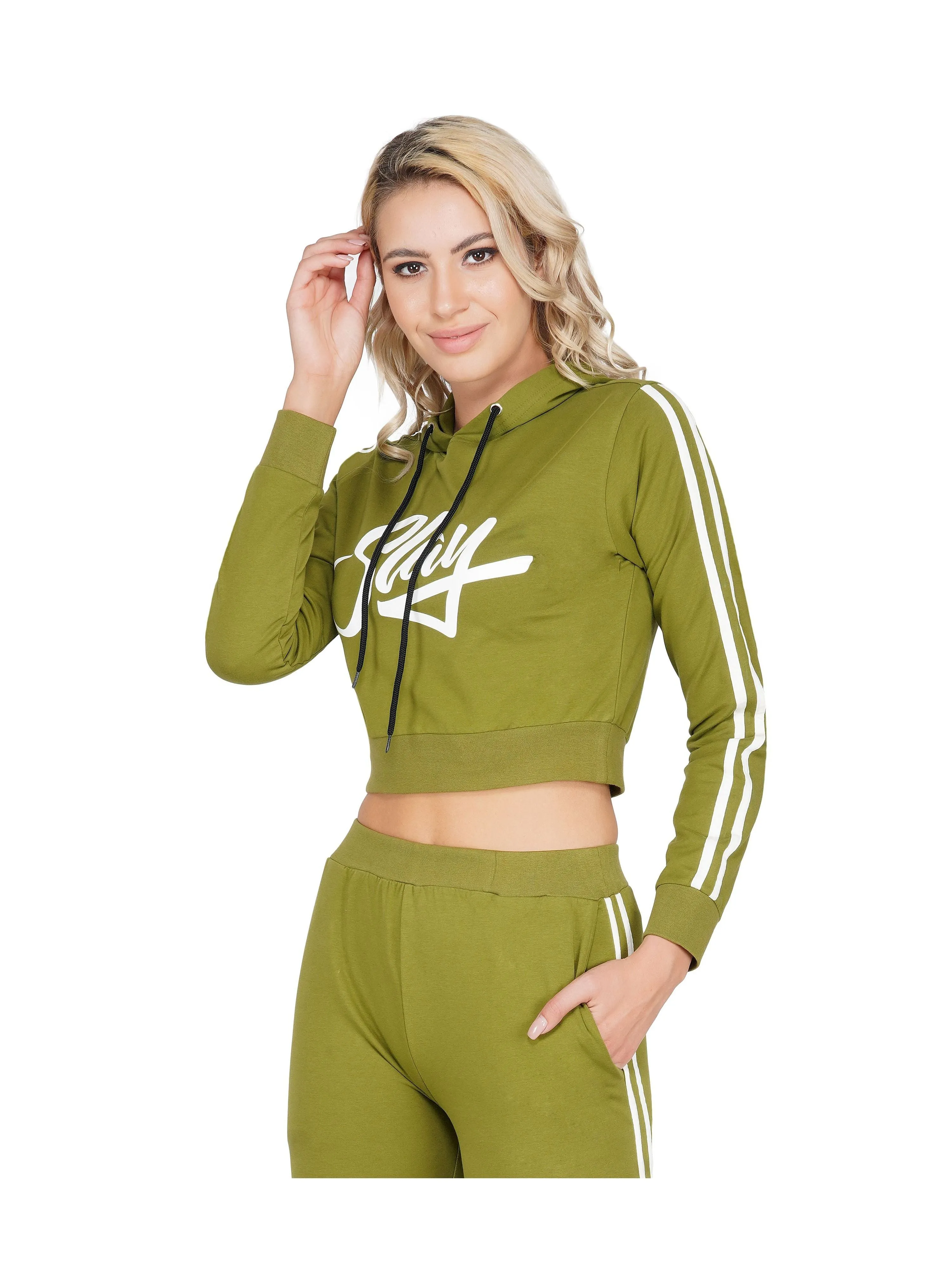 SLAY. Women's Printed Cropped Olive Green Hoodie