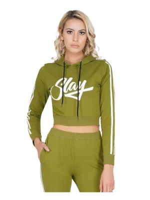 SLAY. Women's Printed Cropped Olive Green Hoodie