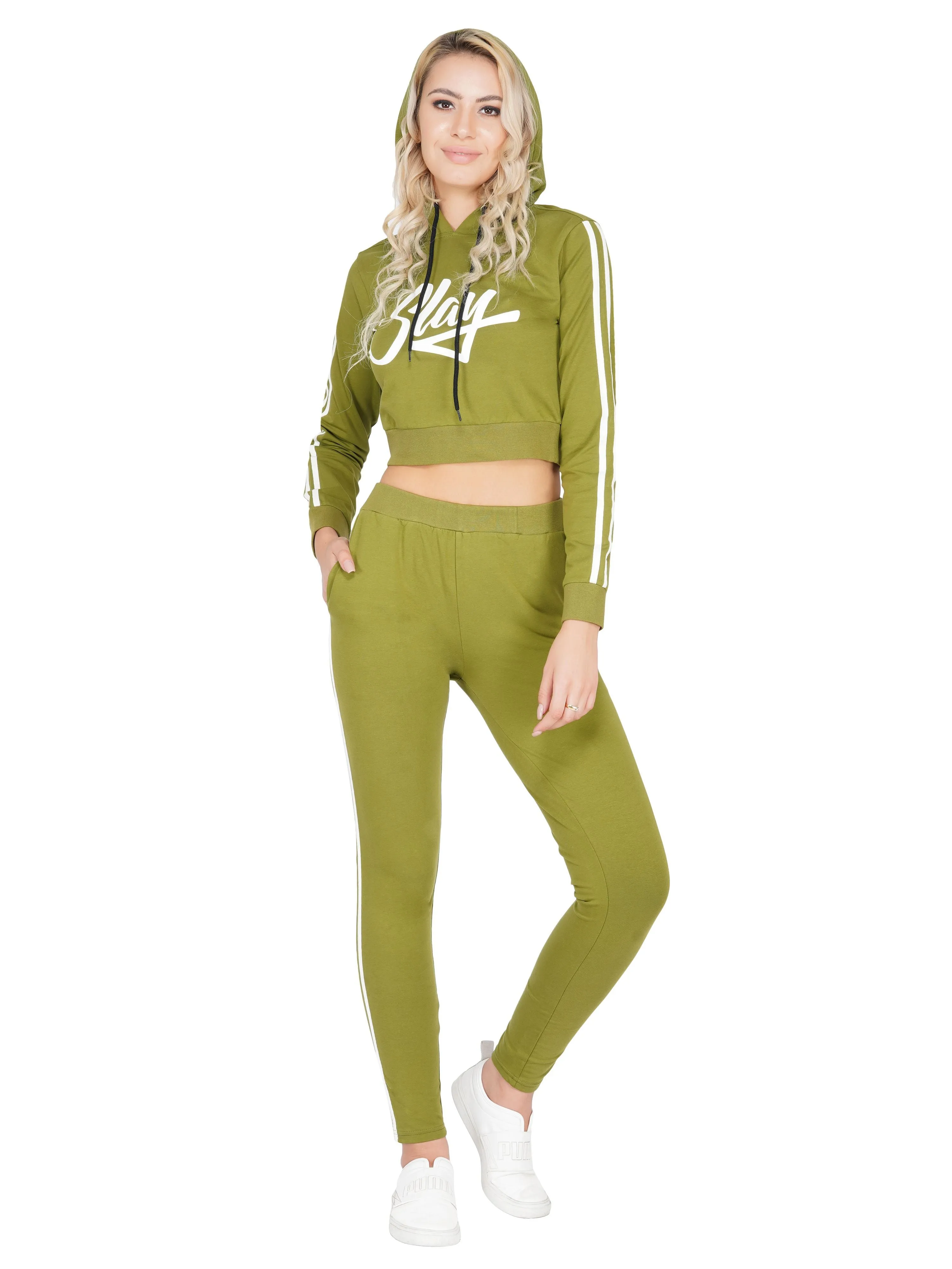 SLAY. Women's Printed Cropped Olive Green Hoodie