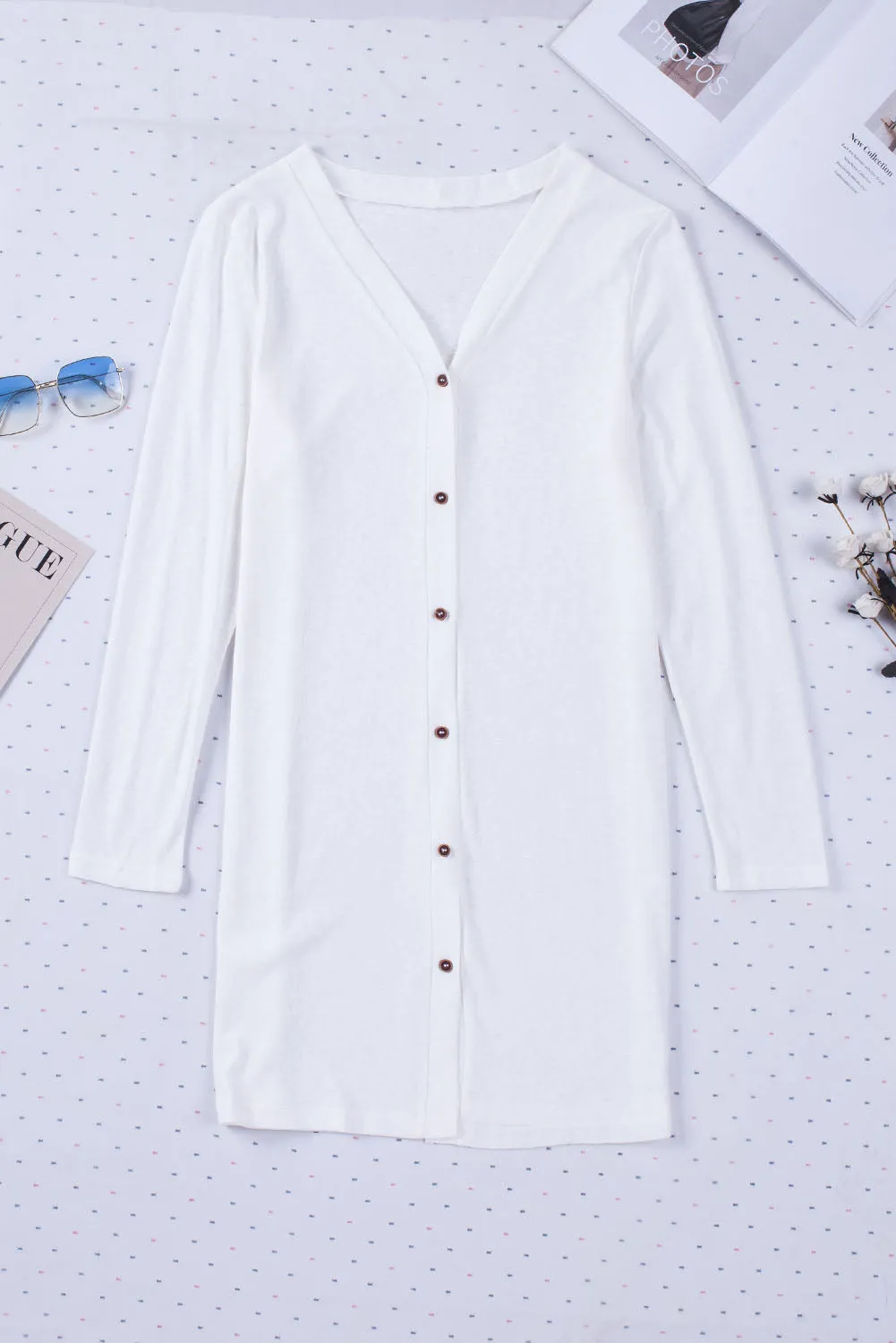 Solid Color Open-Front Buttons White Cardigan