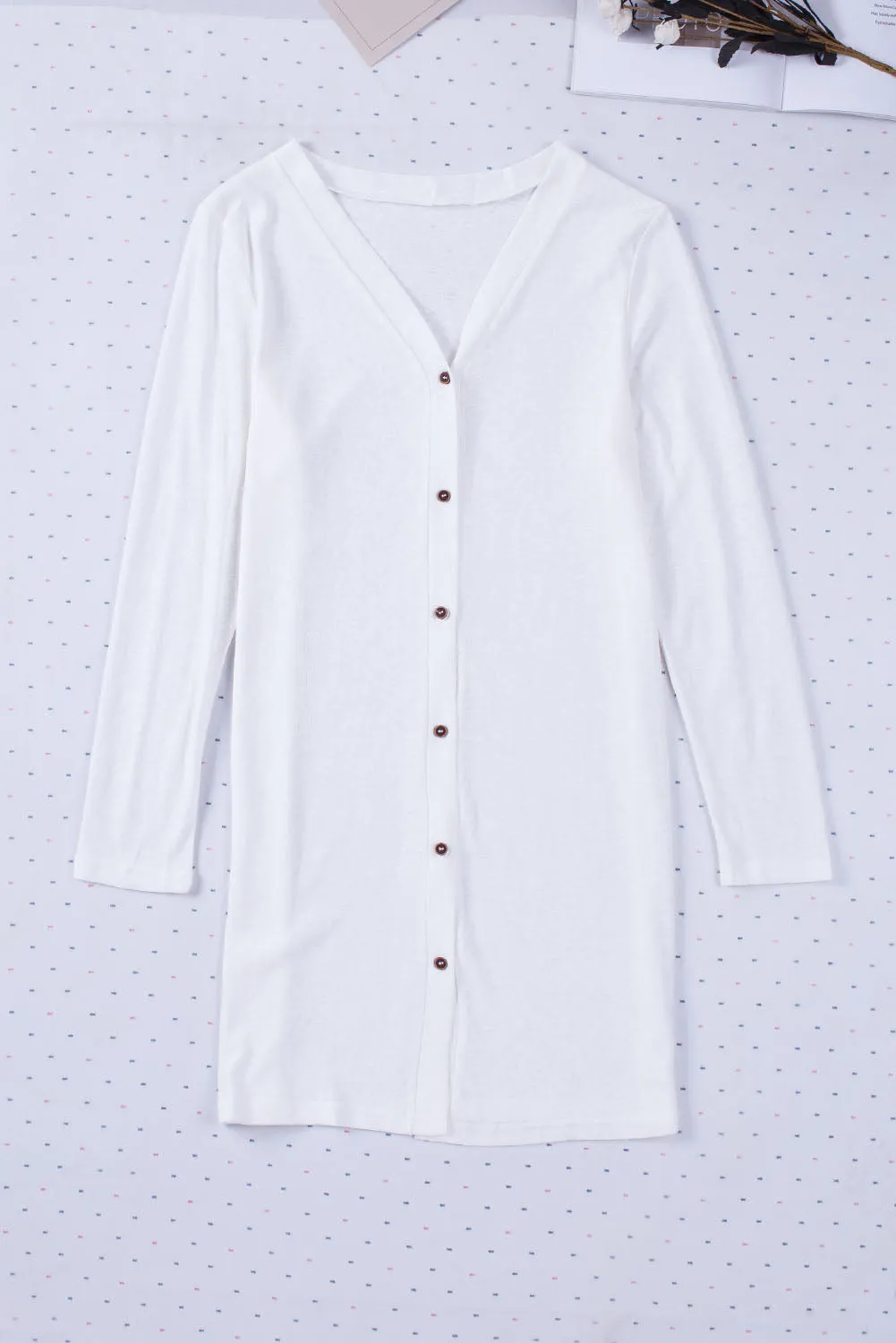 Solid Color Open-Front Buttons White Cardigan