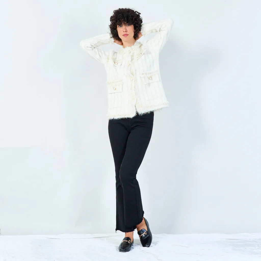 Striped fringe-trim cardigan with pearl buttons wholesale