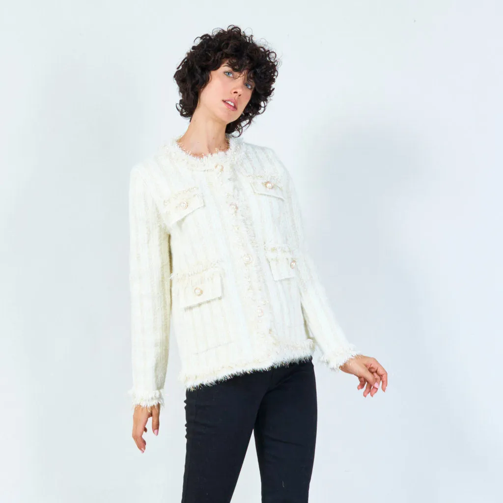 Striped fringe-trim cardigan with pearl buttons wholesale