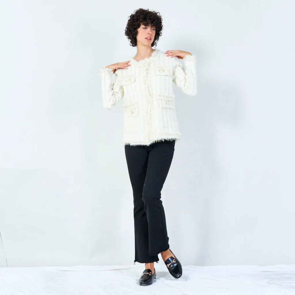 Striped fringe-trim cardigan with pearl buttons wholesale