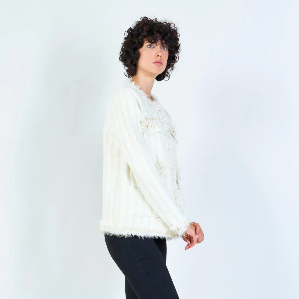 Striped fringe-trim cardigan with pearl buttons wholesale