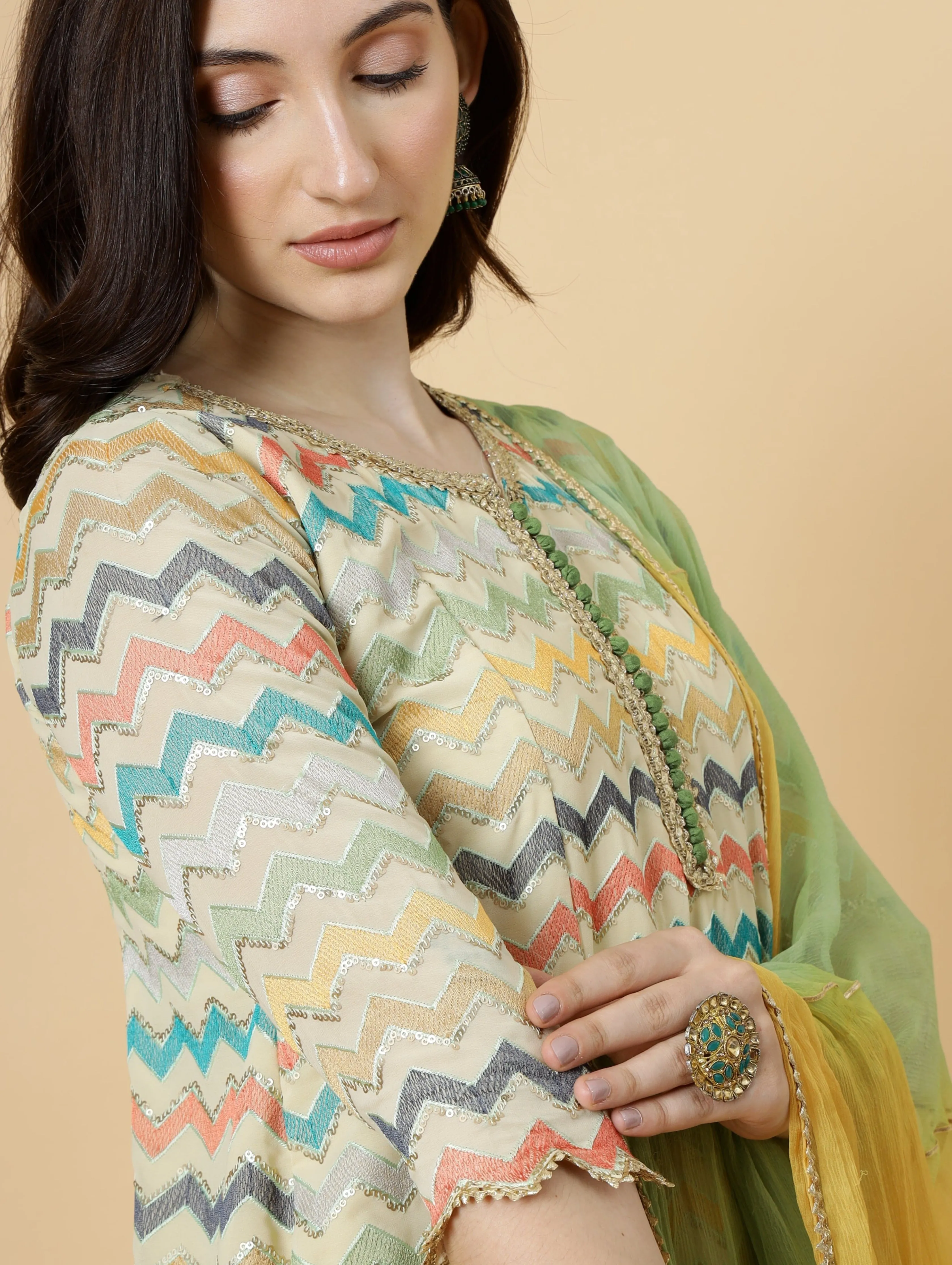 Stylish Embroidered Multicolor A-Line Kurti with Dhoti Pants