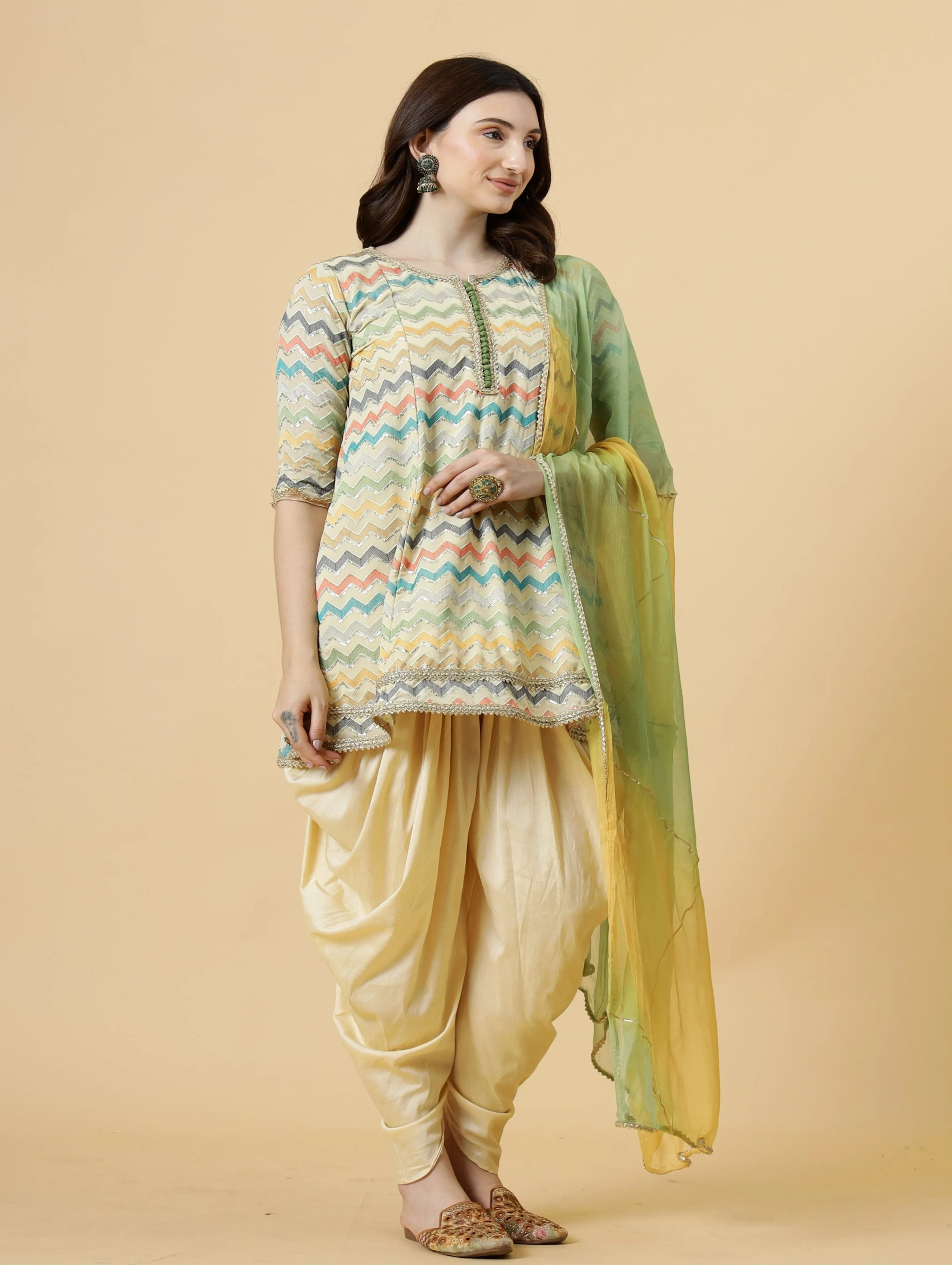 Stylish Embroidered Multicolor A-Line Kurti with Dhoti Pants