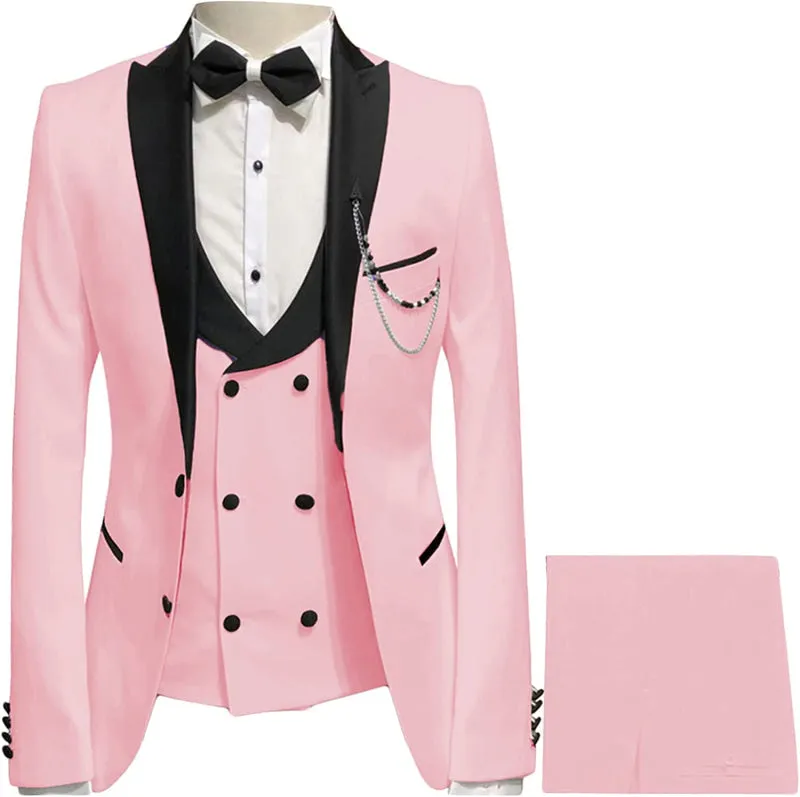 Stylish Pink Three Pieces Prom Suits with Black Peaked Lapel