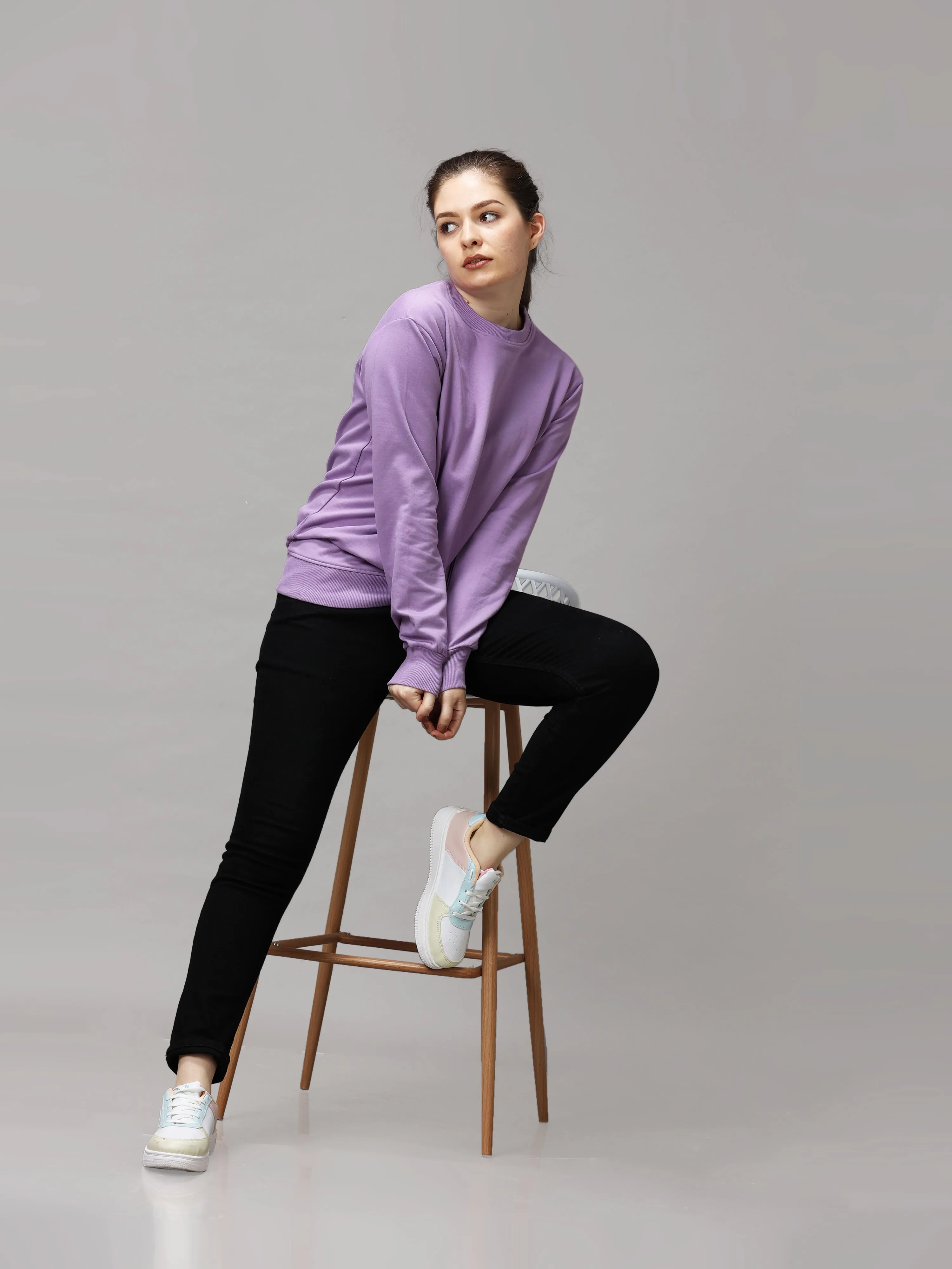 The Greenage Girl Solid Long Violet Sweat Shirt