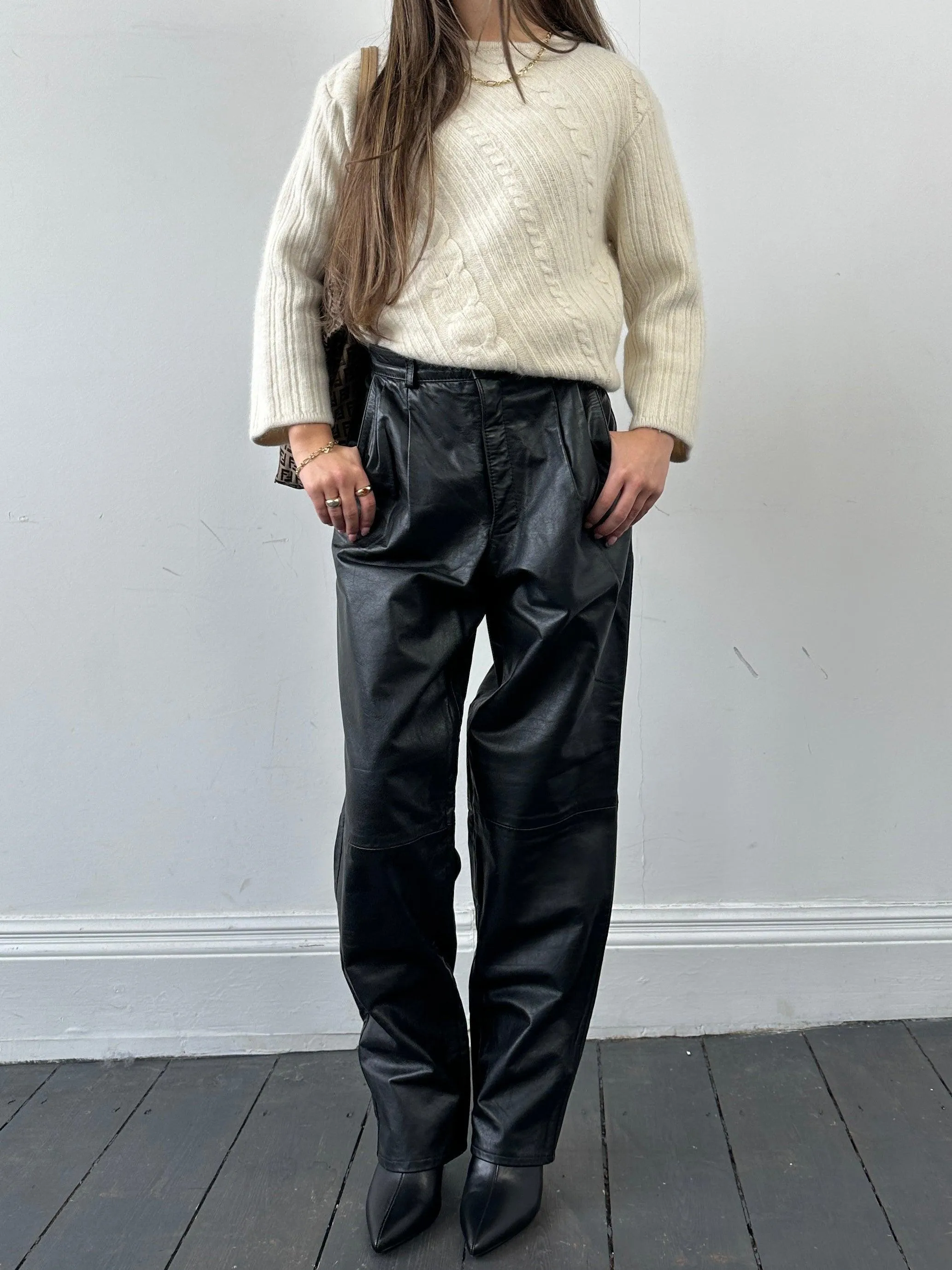 Vintage Leather Straight Leg Pleated Trousers - W26