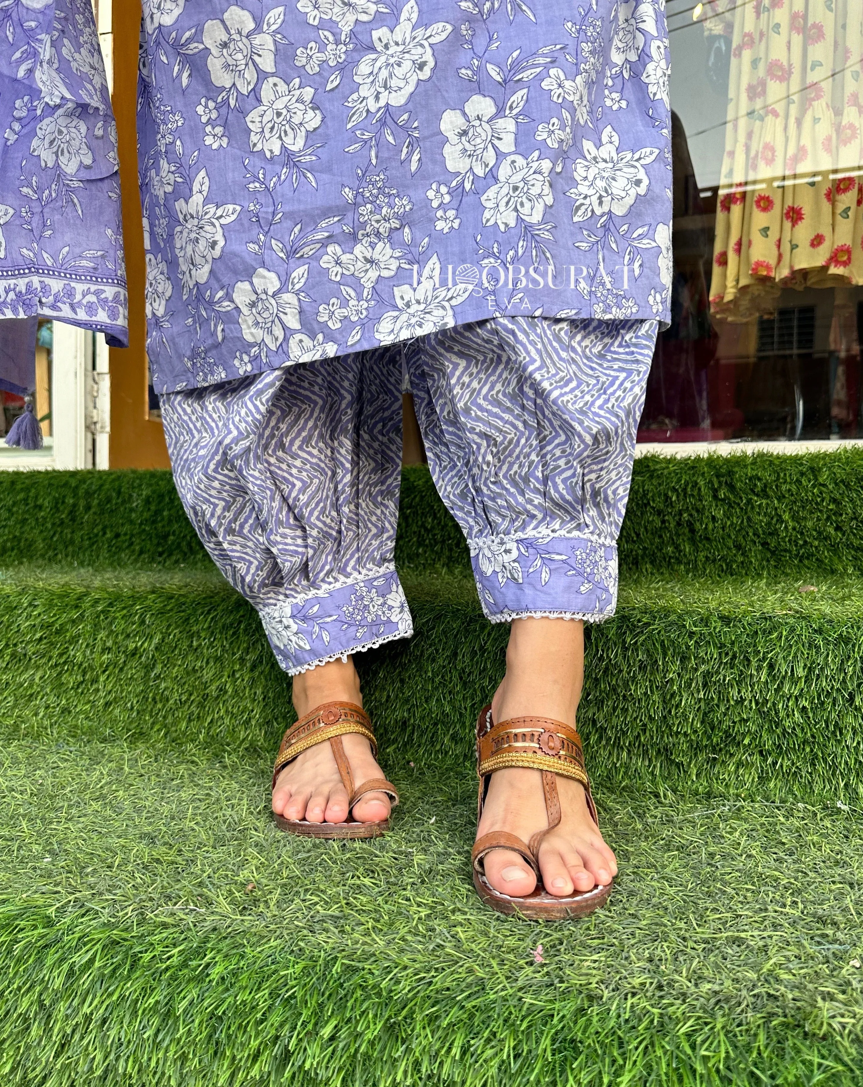 Women Purple Kurti with Afghani Pants and Dupatta Set