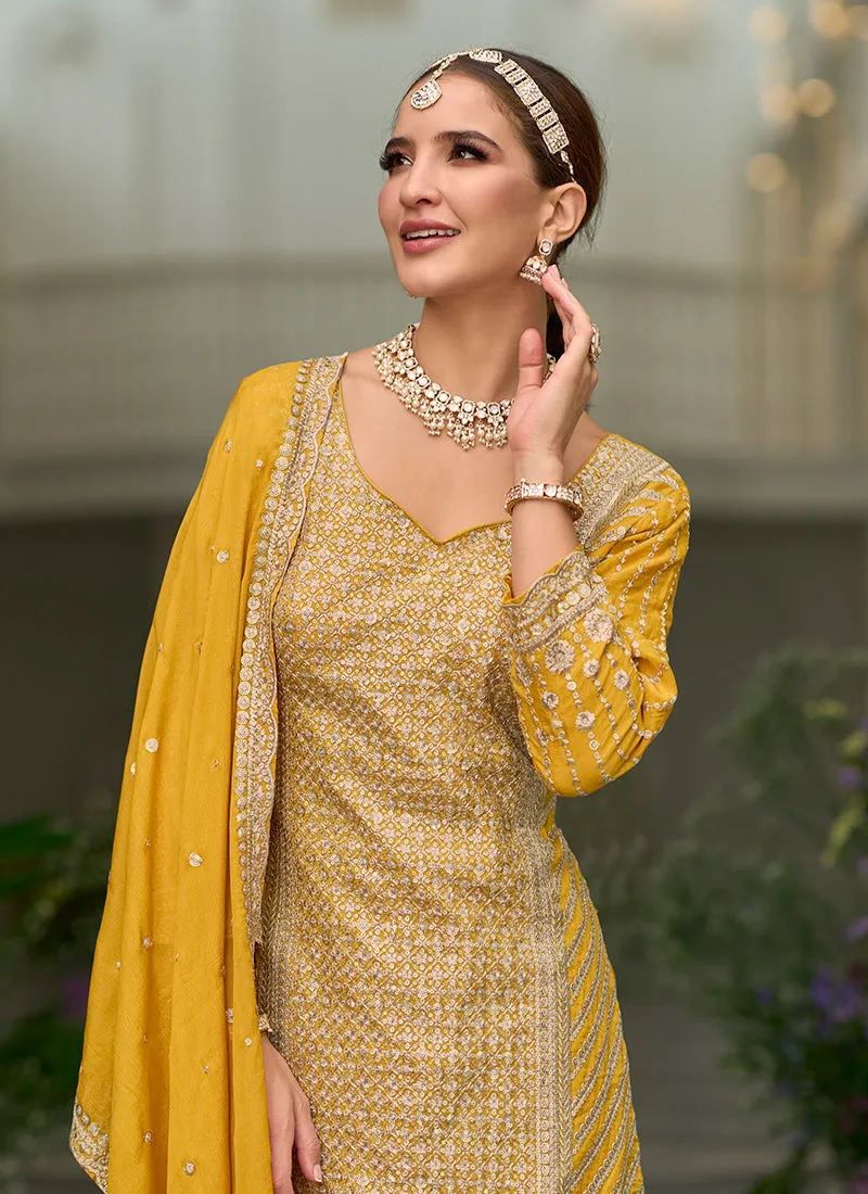 Yellow Traditional Sequence Embroidery Festive Palazzo Suit