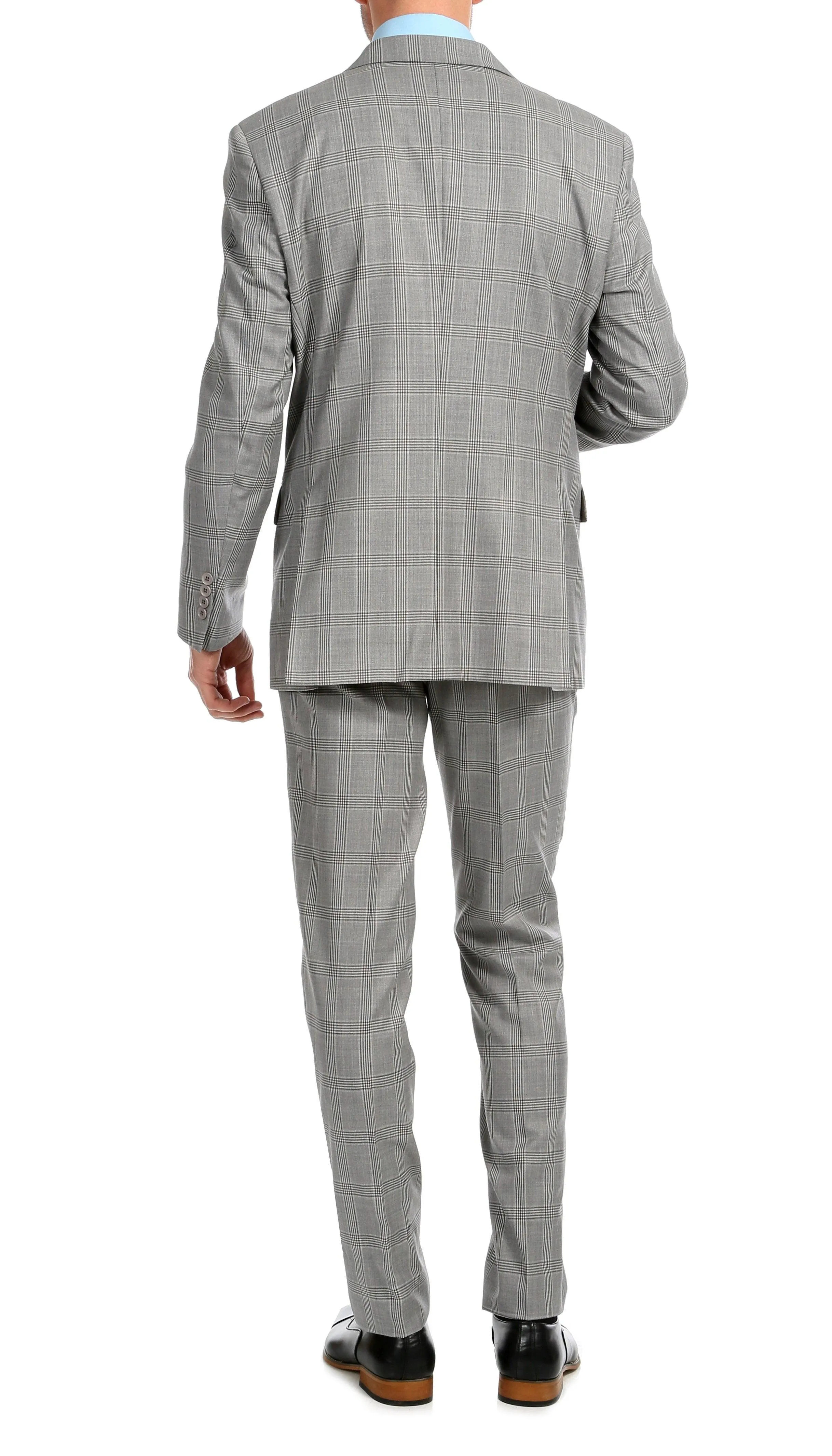 Yves Light Grey Plaid Check Men's Premium 2 Piece Wool Slim Fit Suit